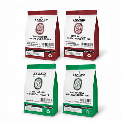 ASMOKE 20lbs (9kg) Wood Pellet Sampler Bundle - 2-Flavour Variety Pack (2x Cherry, 2x Apple) - Best for Pork, V642-XFAS-MIX-WO-PEL-AP-CH-5LBSX4
