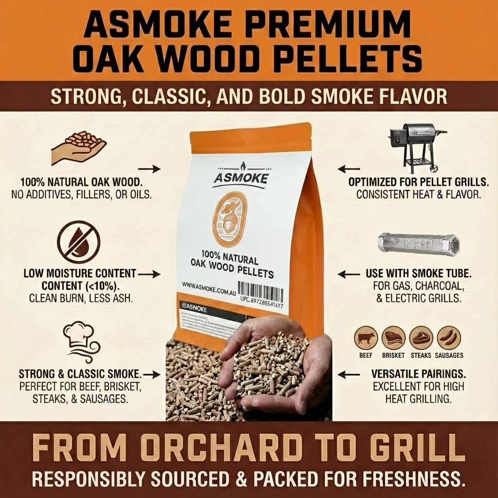 ASMOKE 19kg (40lbs) Premium Oak Wood BBQ Smoker Pellets Bulk Bundle (8 x 2.27kg Bags) V642-XFAS-OAK-WO-PEL-5LBSX8