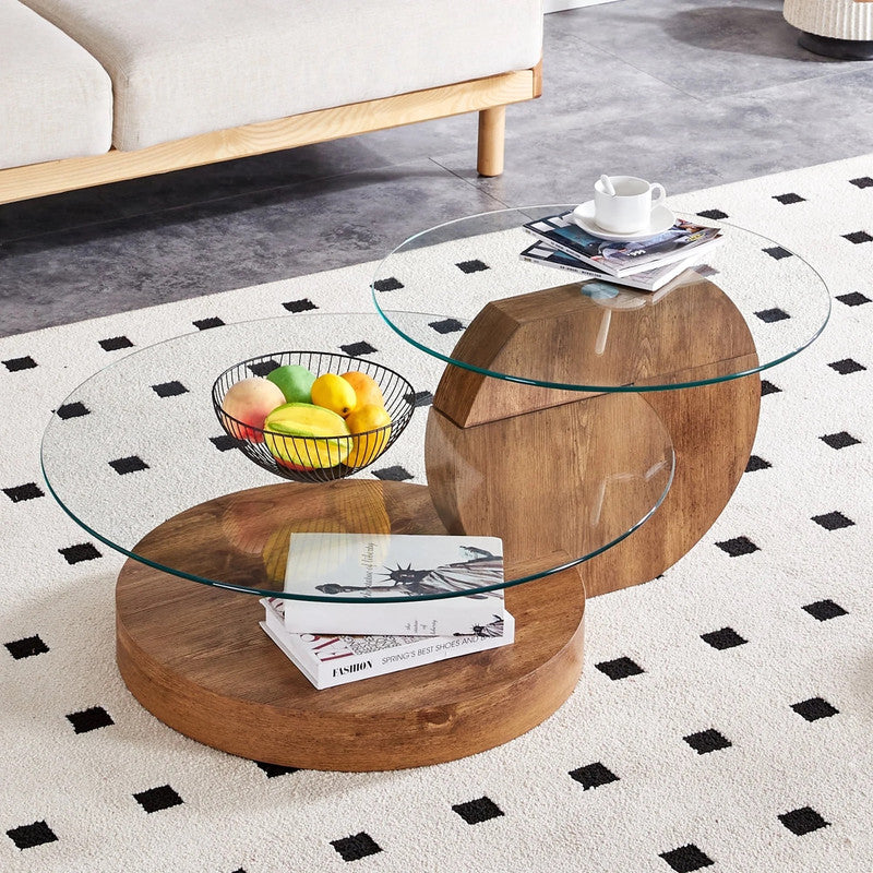 'MINORI' Double Layer Clear Tempered Glass Dark Wood Grain Coffee Table V656-WF-09
