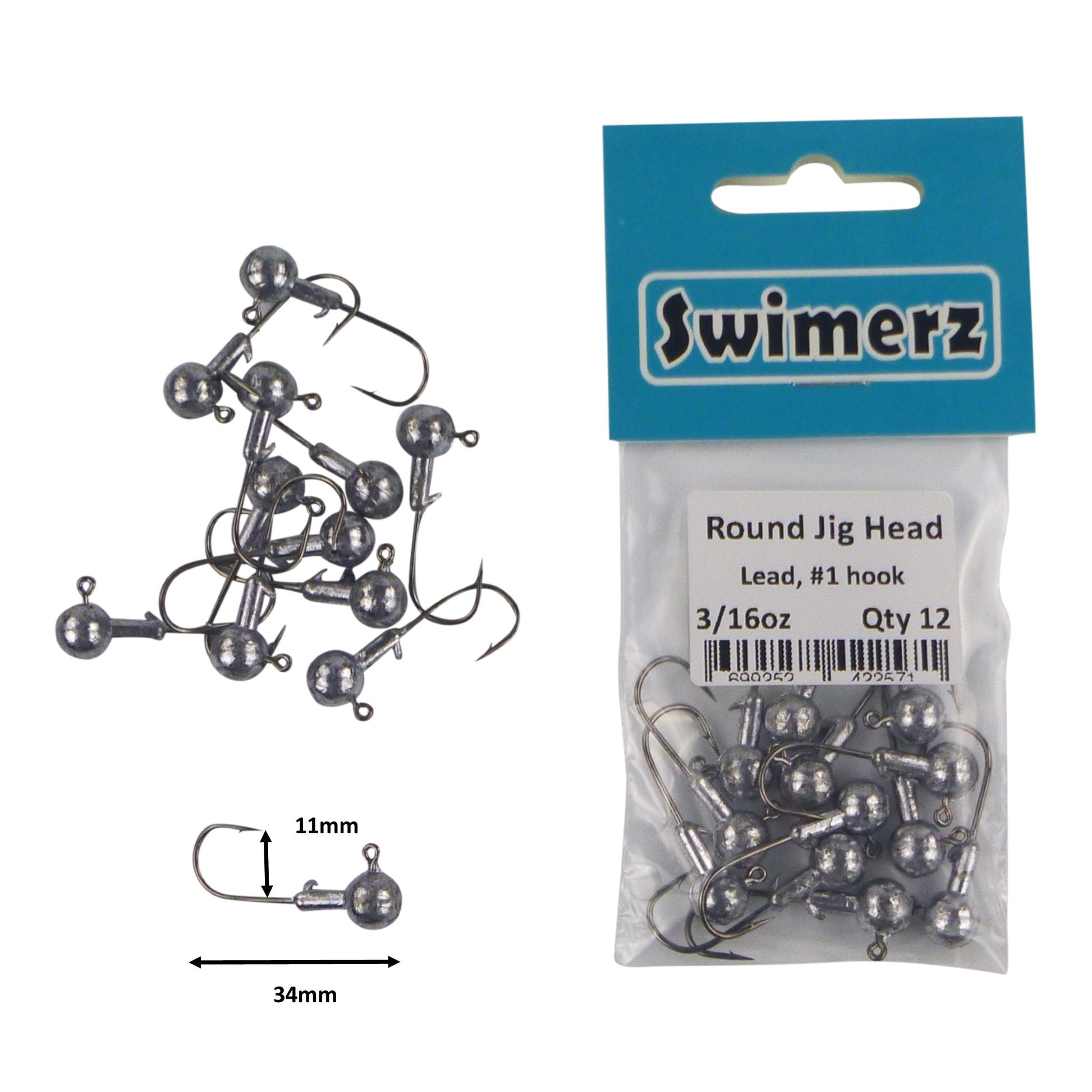 Swimerz Round Jig Head, 3/16 oz #1 Hook, 12 pack V658-93MC000362034