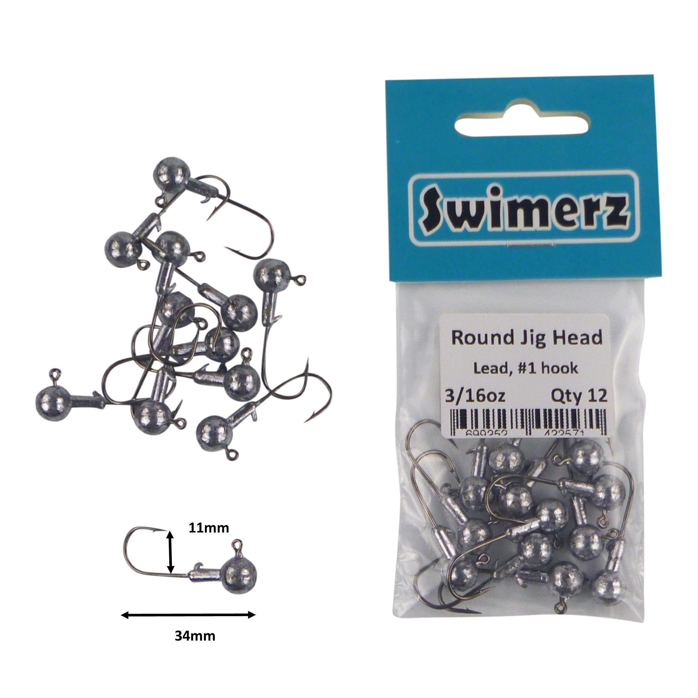 Swimerz Round Jig Head, 3/16 oz #1 Hook, 12 pack V658-93MC000362034