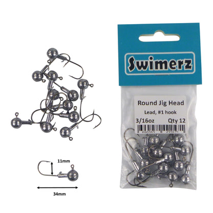 Swimerz Round Jig Head, 3/16 oz #1 Hook, 12 pack V658-93MC000362034