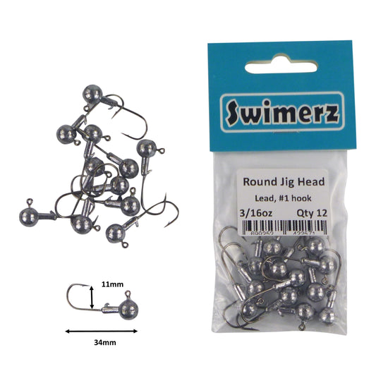 Swimerz Round Jig Head, 3/16 oz #1 Hook, 12 pack V658-93MC000362034