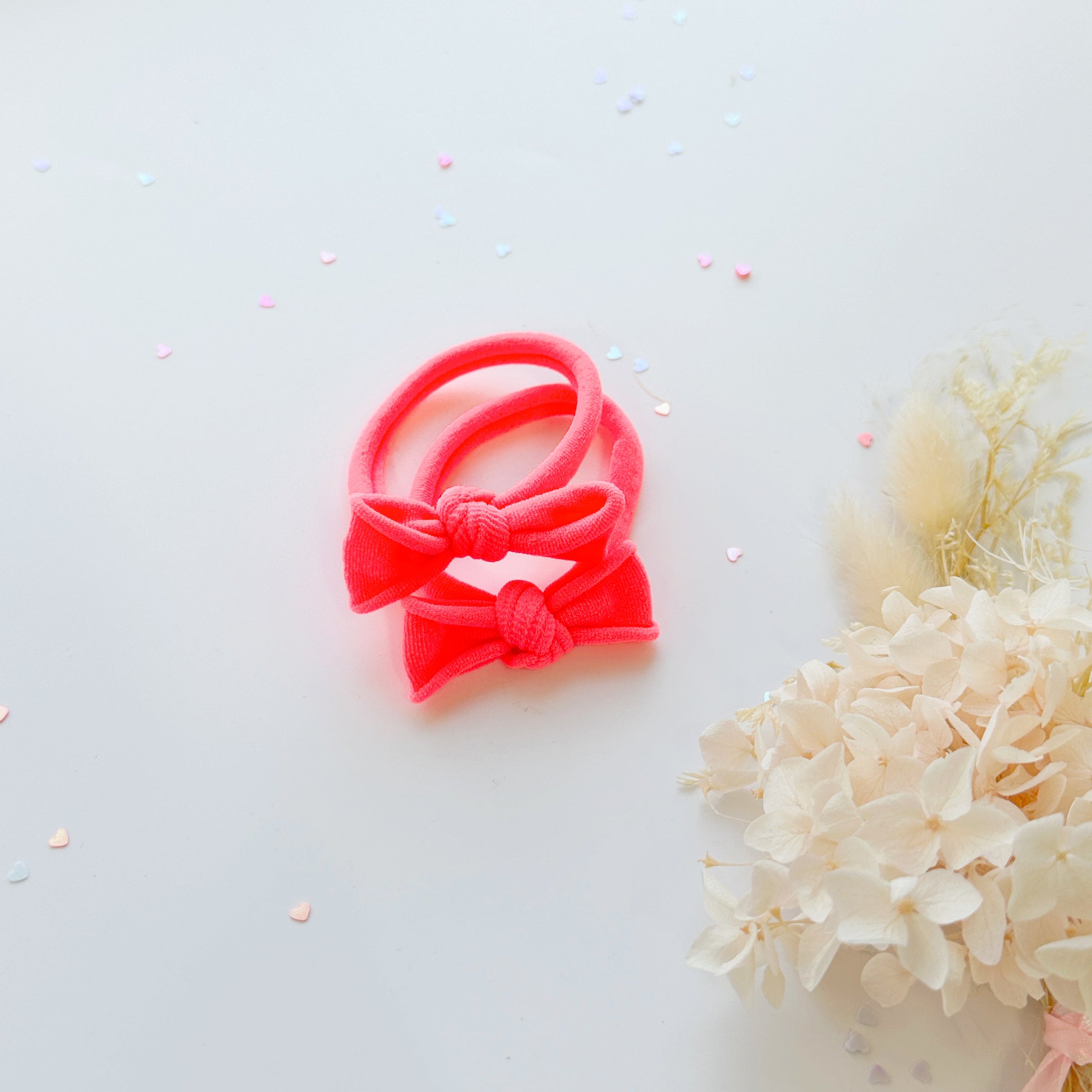 Handmade Simple Bow metal free hair ties - Neon - 1 Pairs - Neon Orange