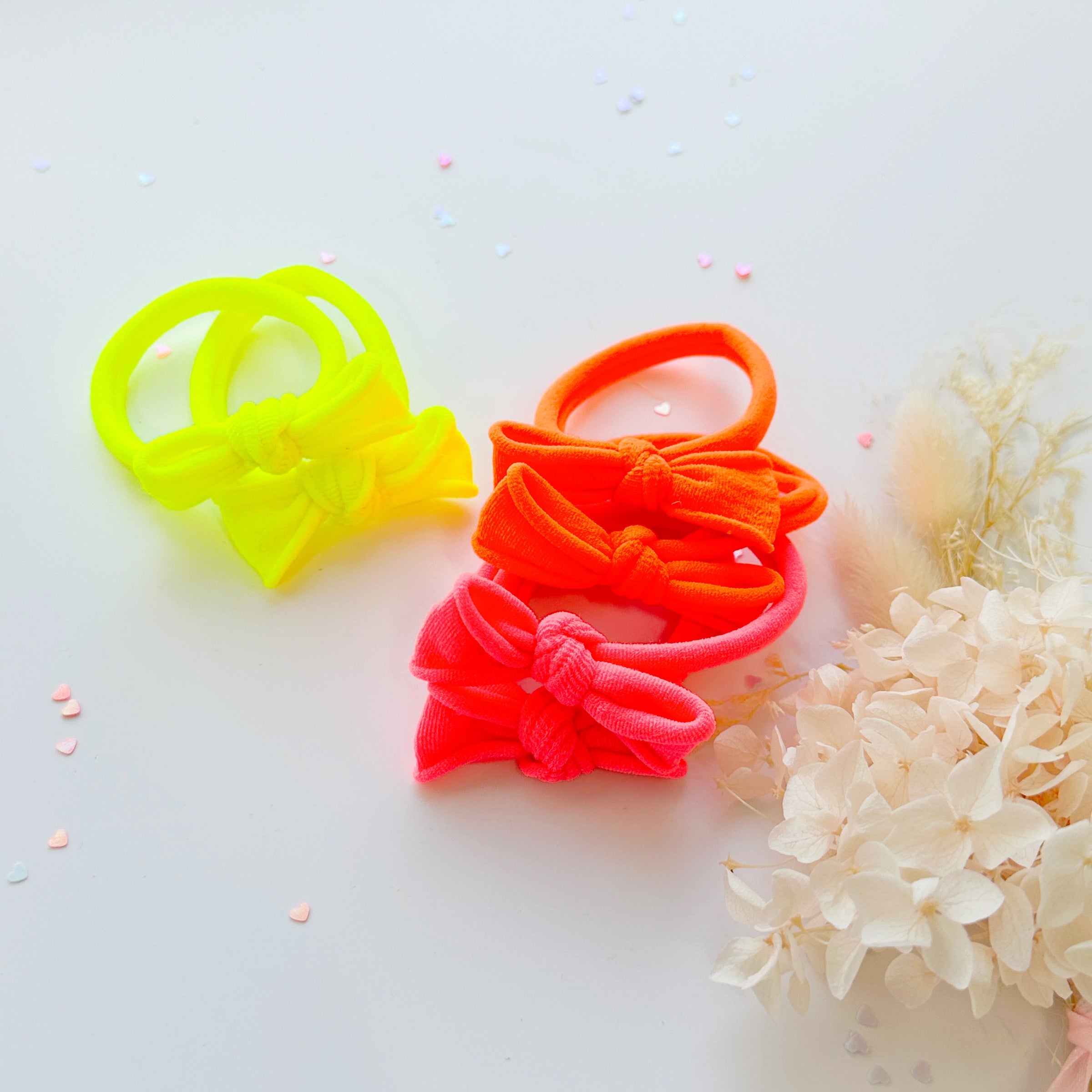 Handmade Simple Bow metal free hair ties - Neon - 1 Pairs - Neon Pink