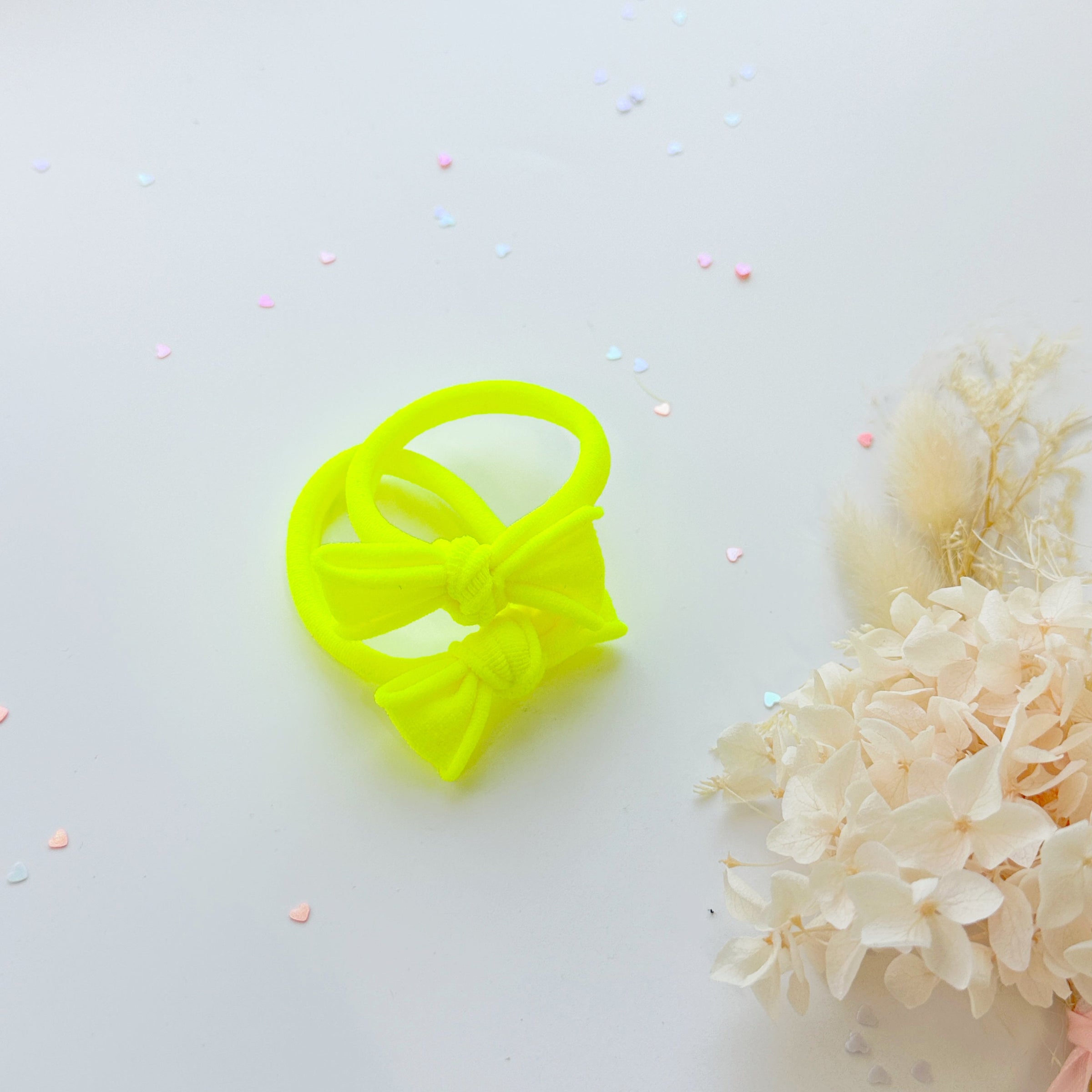 Handmade Simple Bow metal free hair ties - Neon - 1 Pairs - Neon Pink