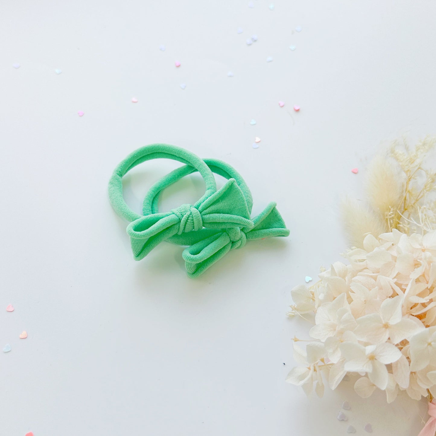 Handmade Simple Bow metal free hair ties -Sky - 1 Pairs - Pastel Green V659-HT-METALFREE-BOW-1P-PGREEN
