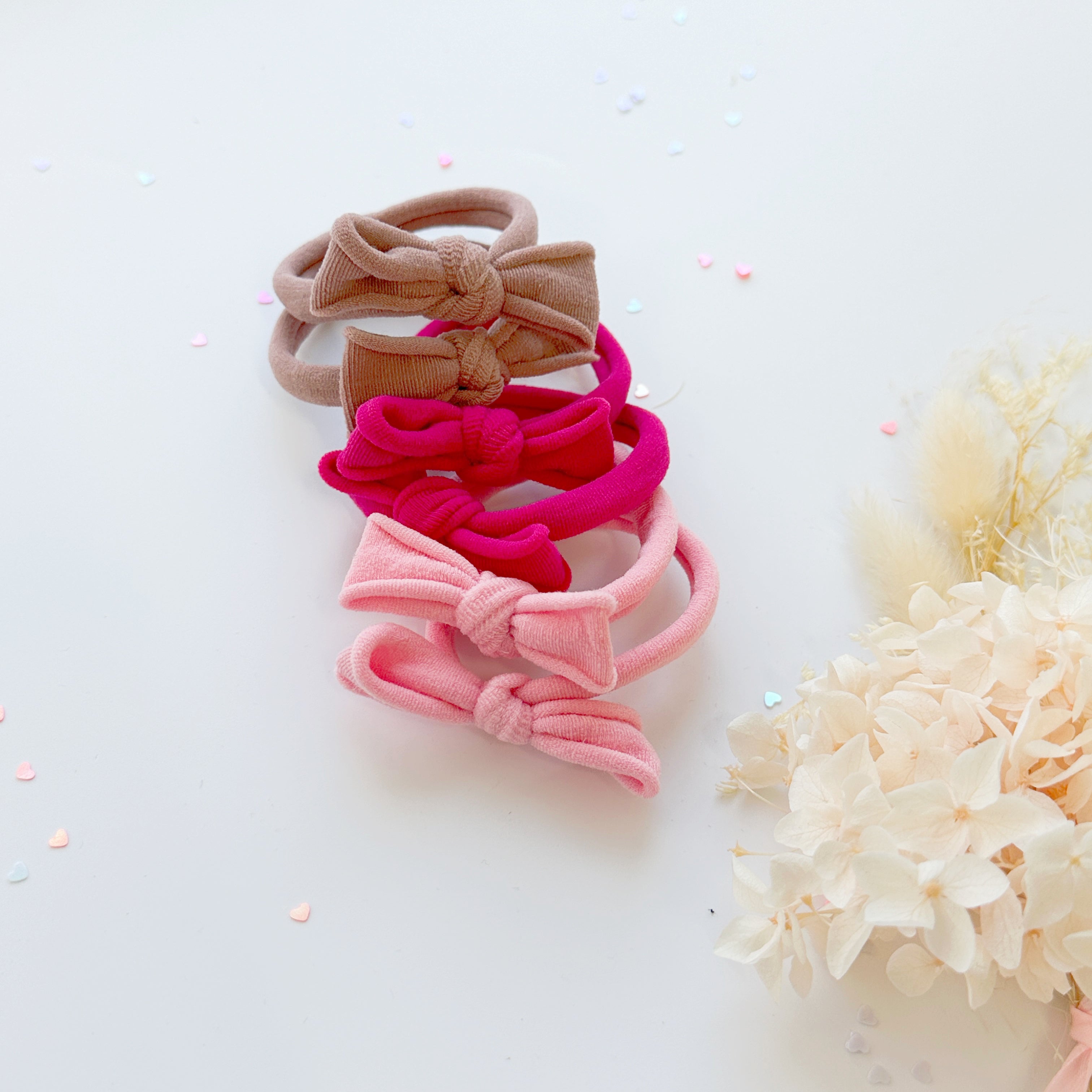 Handmade Simple Bow metal free hair ties -Pink - 1 Pairs - Rose Pink V659-HT-METALFREE-BOW-1P-ROSEPINK