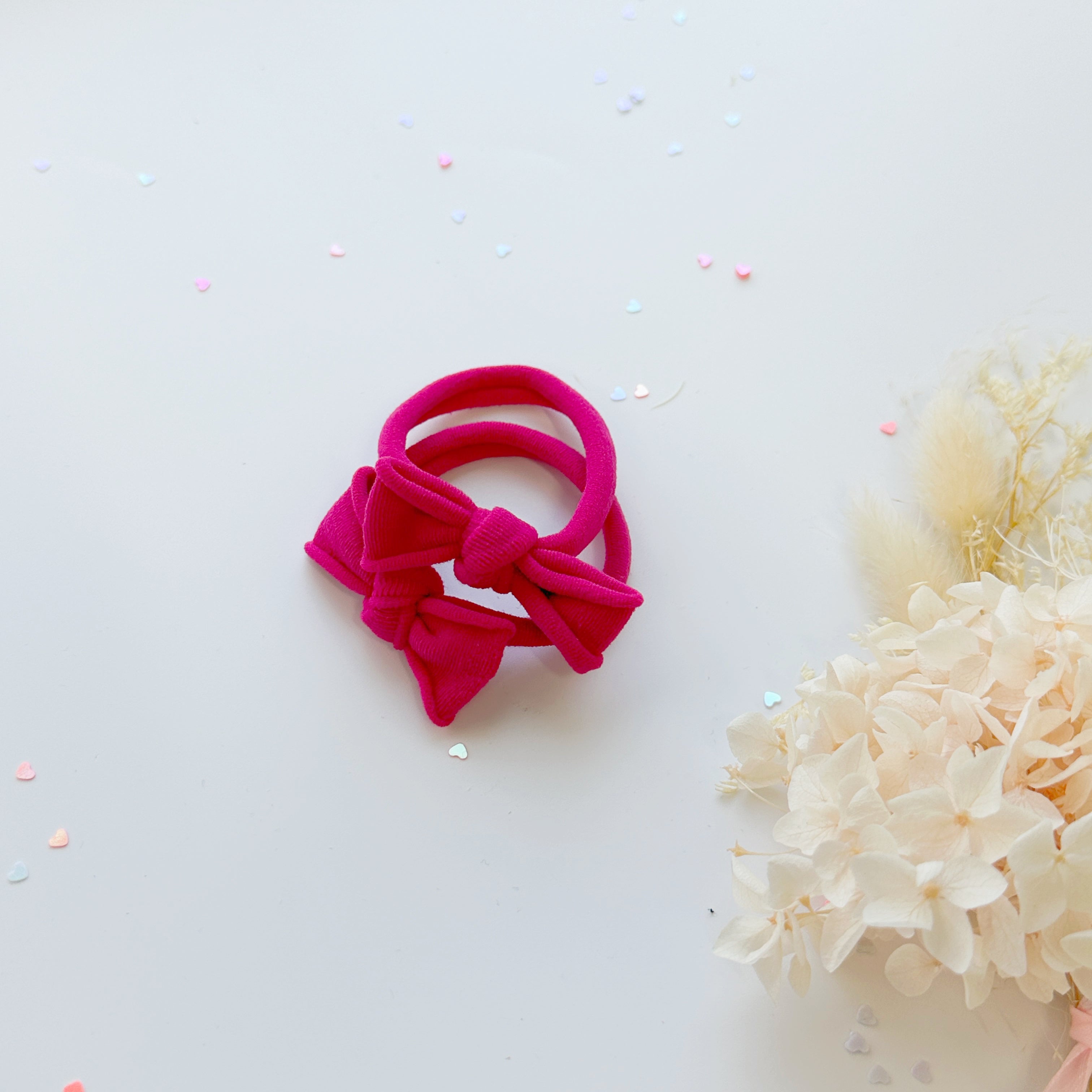 Handmade Simple Bow metal free hair ties -Pink - 1 Pairs - Rose Pink V659-HT-METALFREE-BOW-1P-ROSEPINK