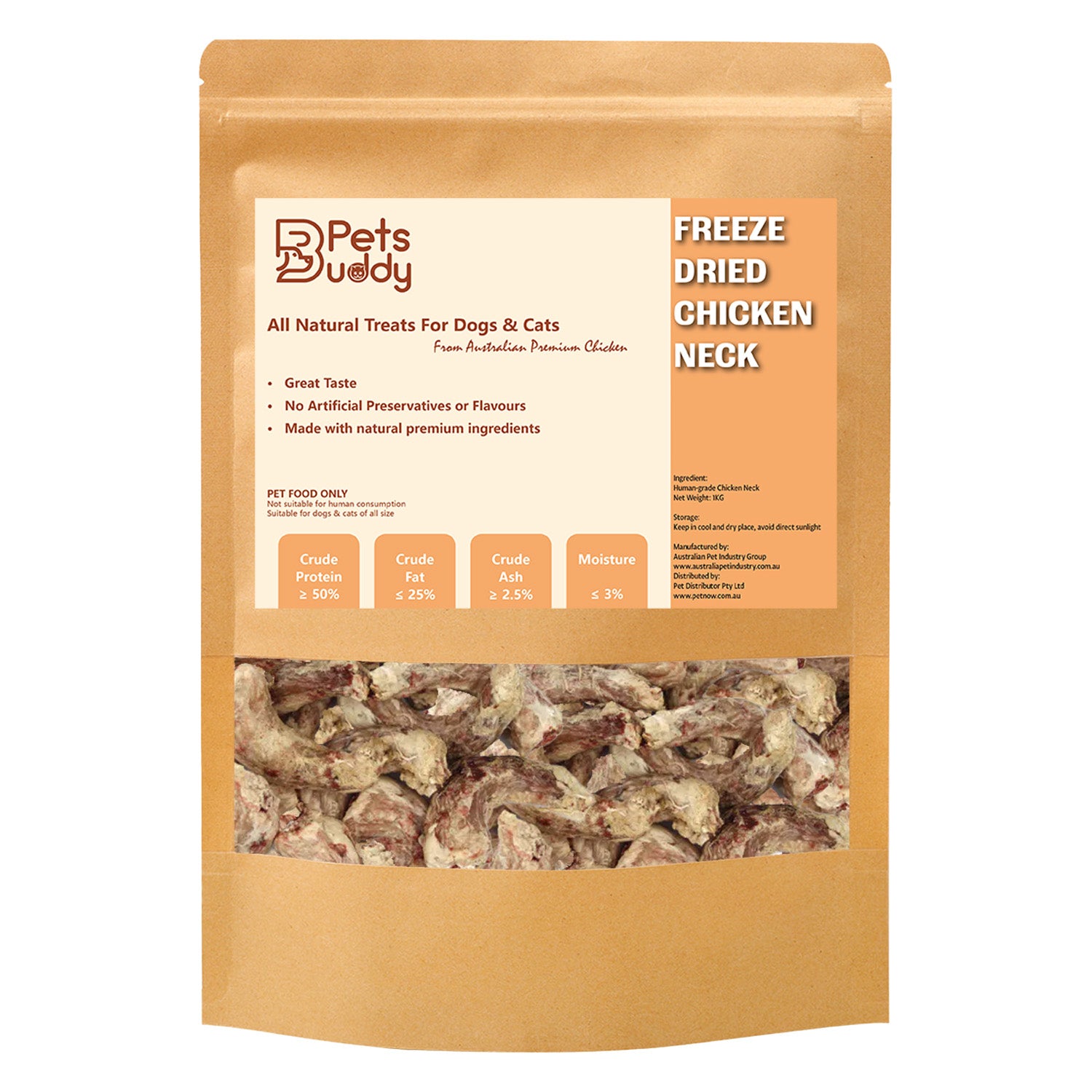 PetsBuddy Freeze Dried Treat Chicken Neck 1kg V666-PBCN1KG