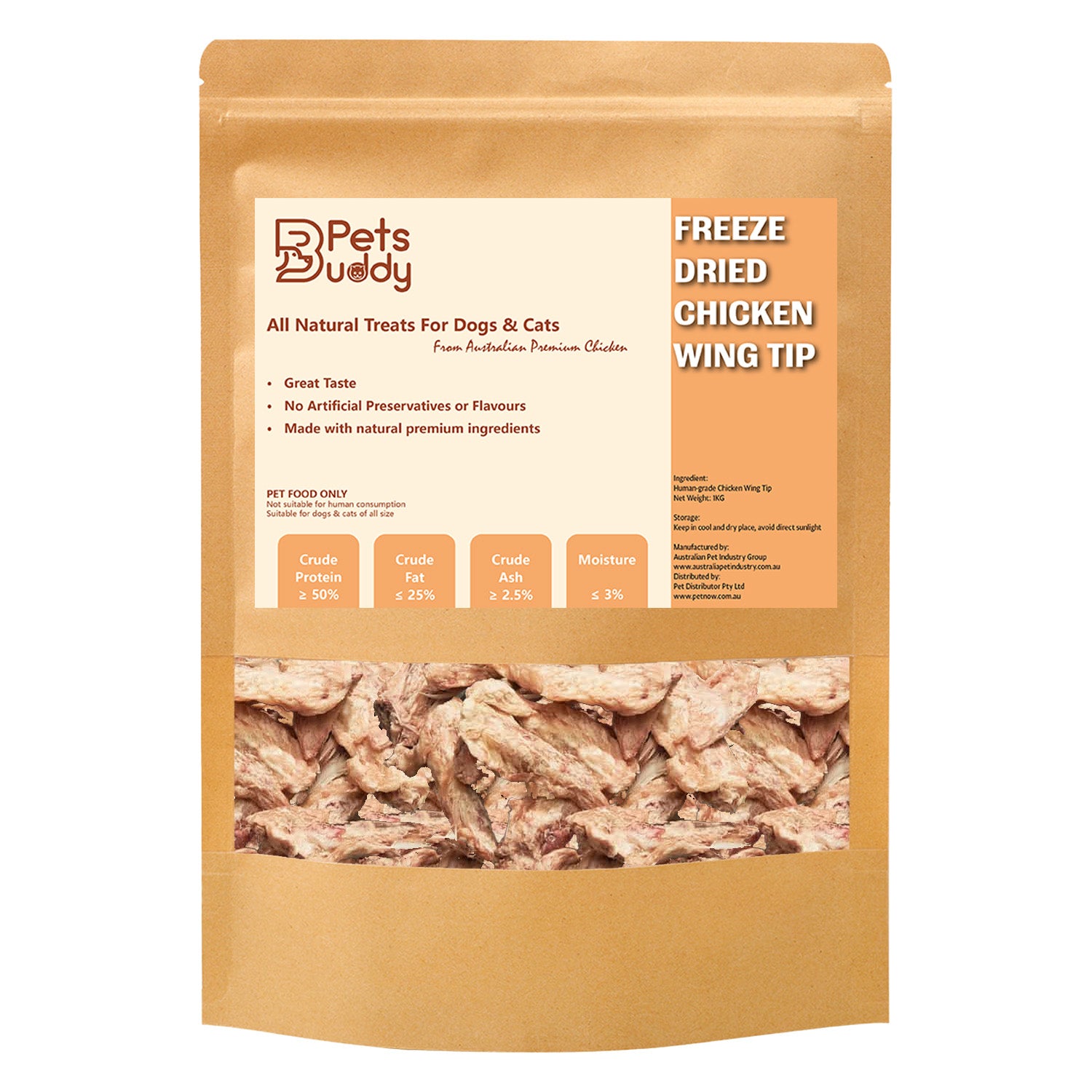 PetsBuddy Freeze Dried Treat Chicken Wing Tip 1kg V666-PBCW1KG