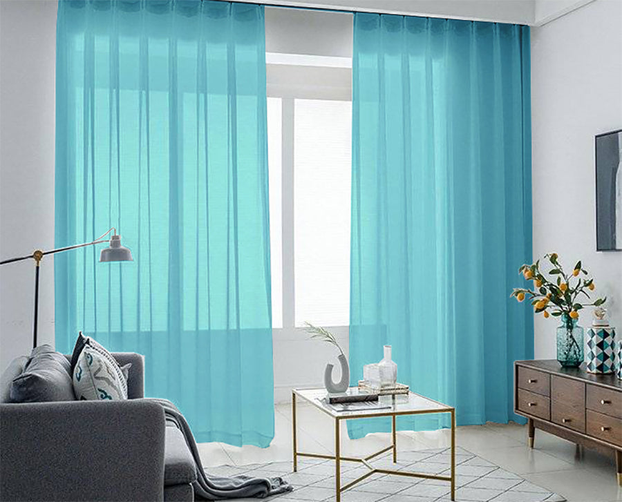 2 Long drop Sheer Voile Curtains 590cm x 270cm Drop+Hooks Pinch Pleat Lake Blue V702-CNA5-4-3 BLUE