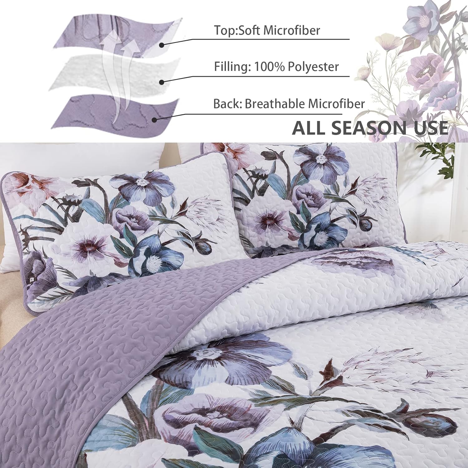 Romantic Wildflower Soft Cozy 3 Pc Bedspread & Pillow Cover Set V745-AC080301Q13U