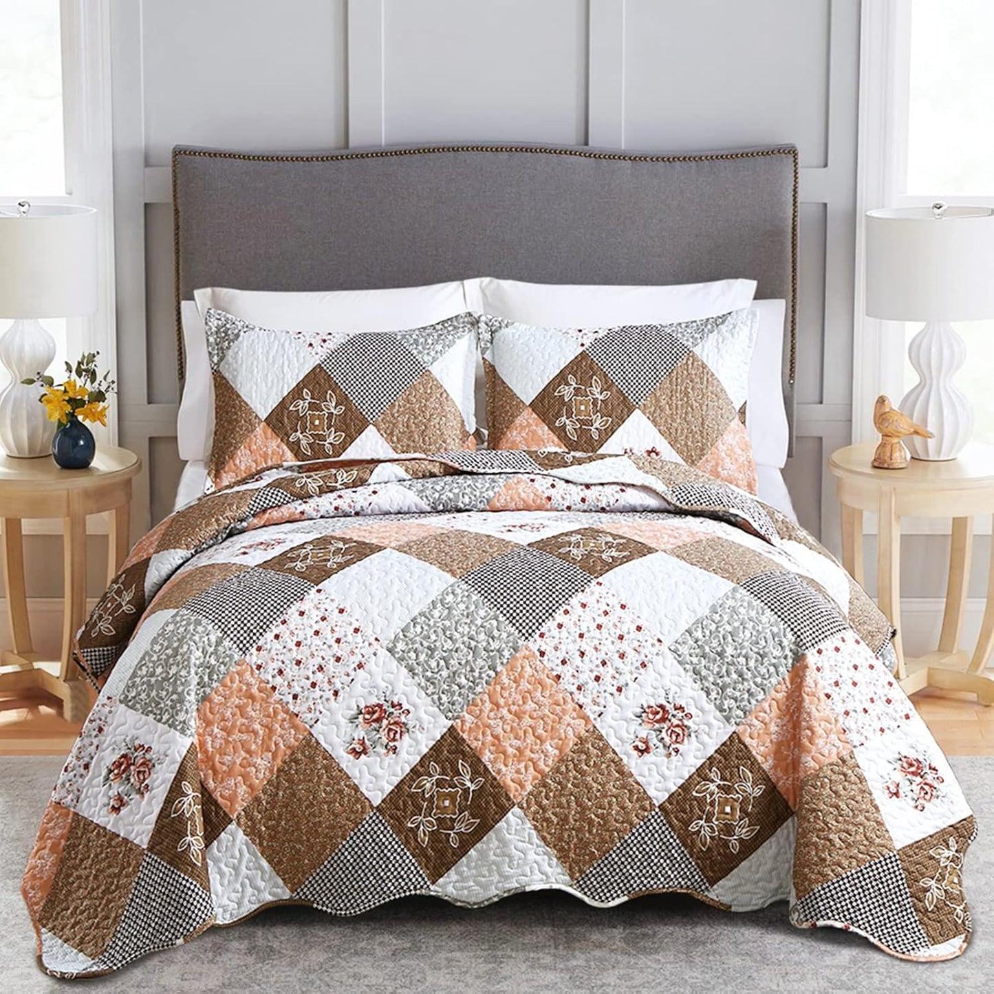 Gleaming rust brown colo patchwork 3 Pc XL Bedspread & Pillow Cover Set V745-AC090275AH
