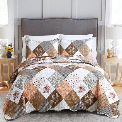 Gleaming rust brown colo patchwork 3 Pc XL Bedspread & Pillow Cover Set V745-AC090275AH