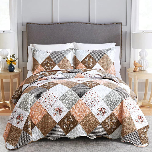 Gleaming rust brown colo patchwork 3 Pc XL Bedspread & Pillow Cover Set V745-AC090275AH