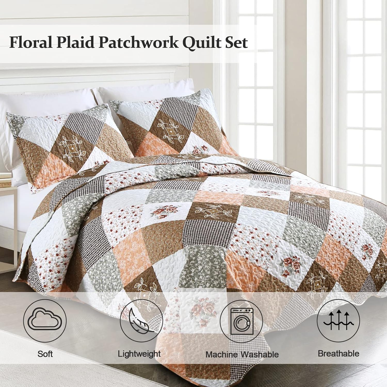 Gleaming rust brown colo patchwork 3 Pc XL Bedspread & Pillow Cover Set V745-AC090275AH
