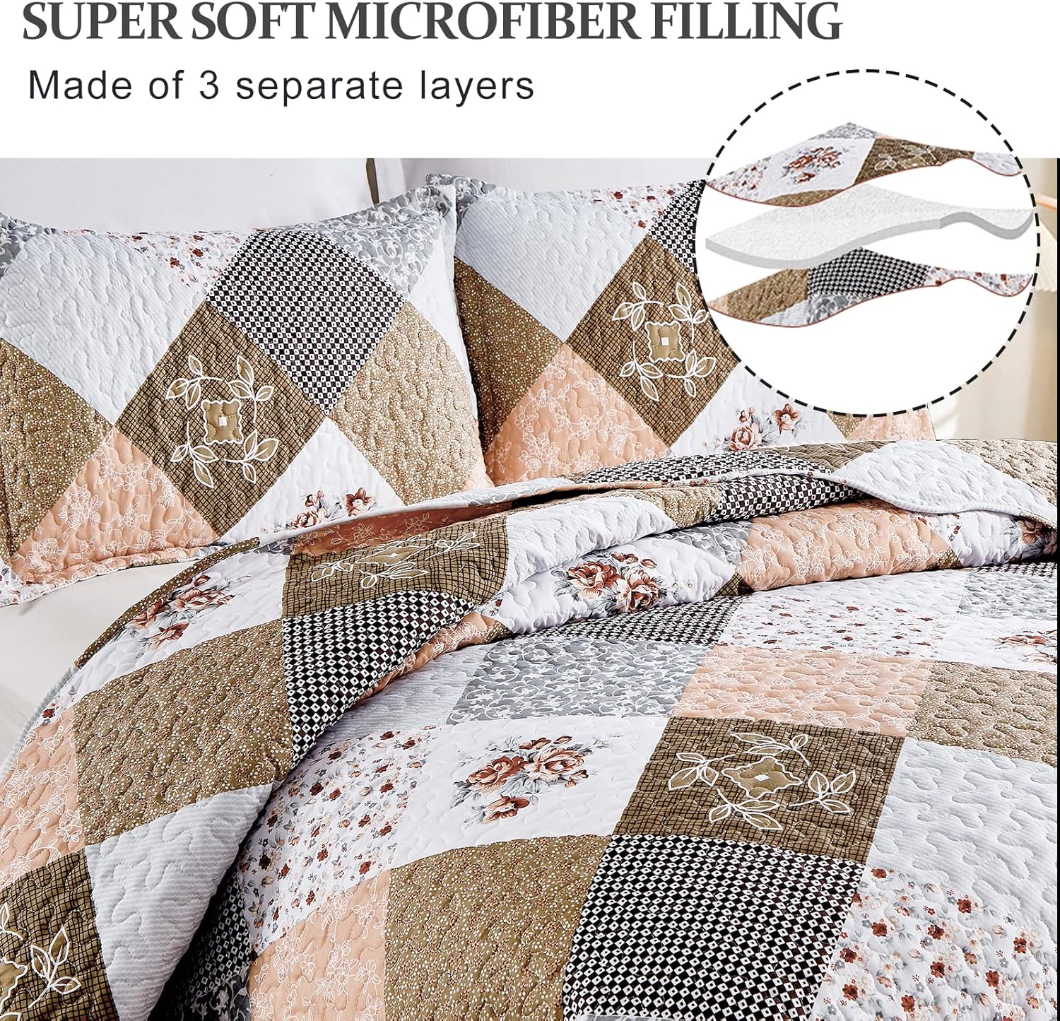Gleaming rust brown colo patchwork 3 Pc XL Bedspread & Pillow Cover Set V745-AC090275AH