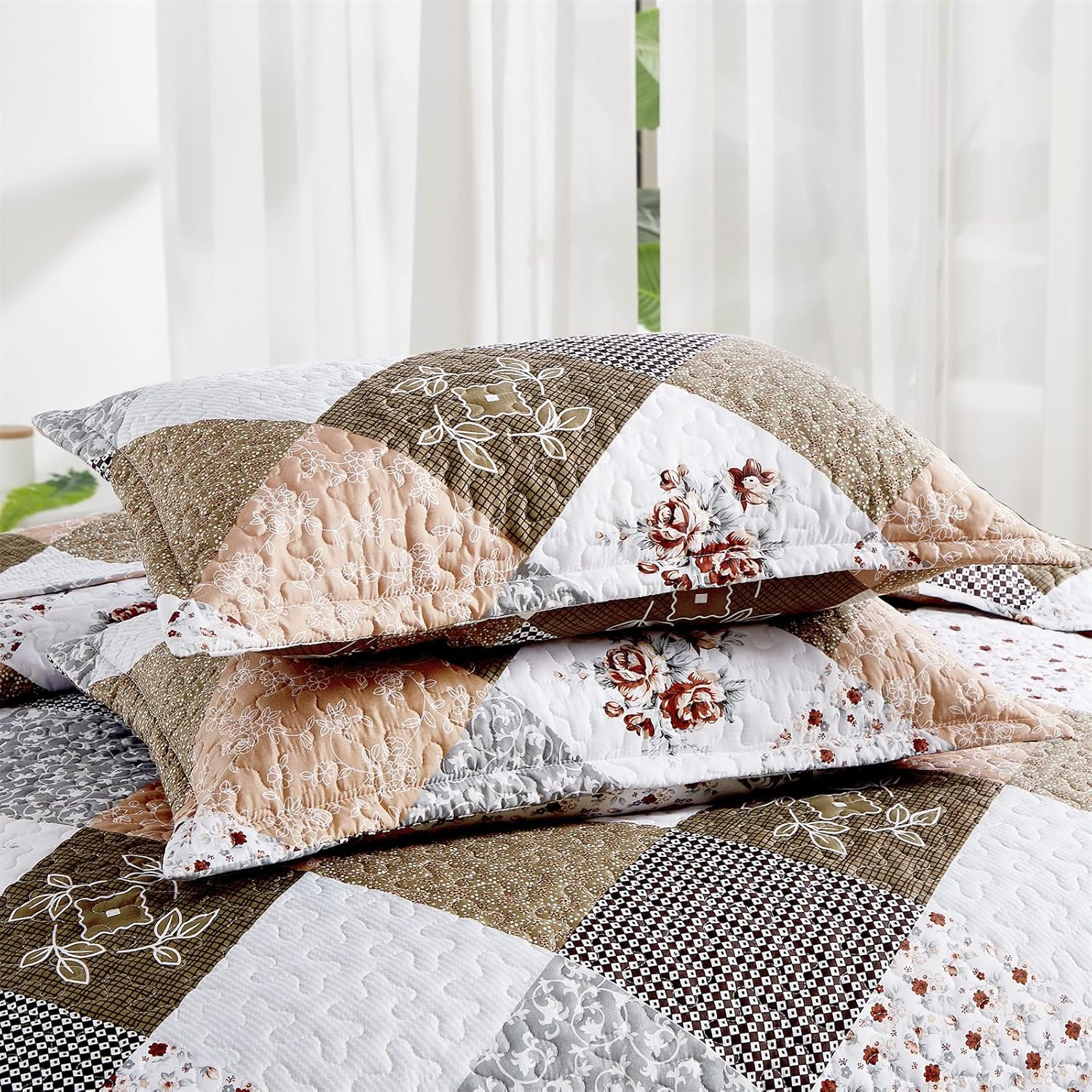 Gleaming rust brown colo patchwork 3 Pc XL Bedspread & Pillow Cover Set V745-AC090275AH