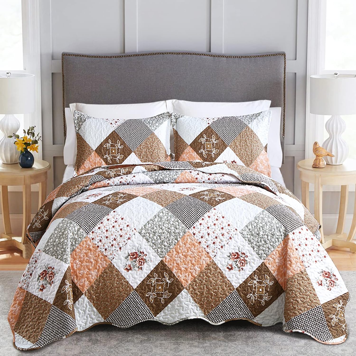 Gleaming rust brown colo patchwork 3 Pc Bedspread & Pillow Cover Set V745-AC090275Q13U