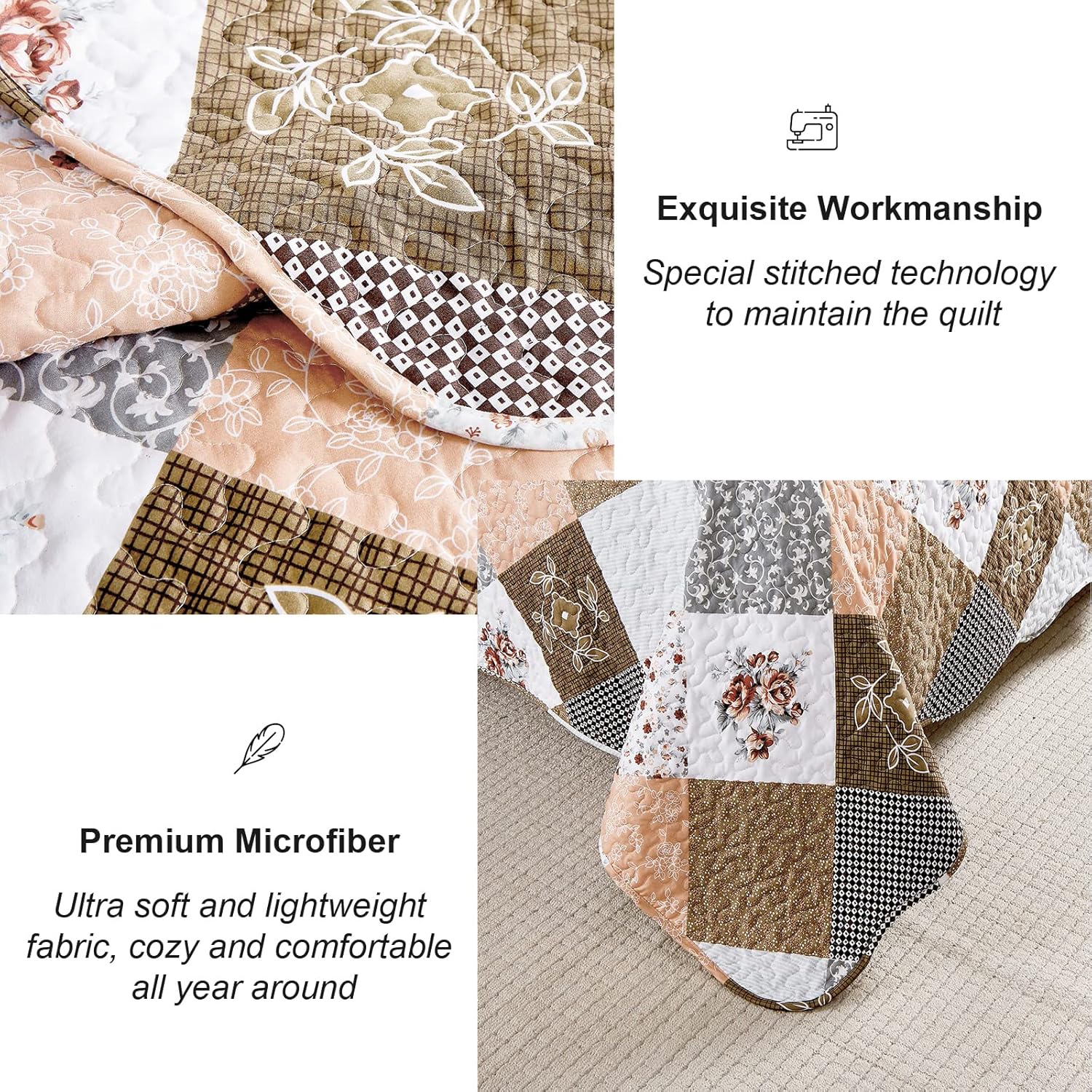 Gleaming rust brown colo patchwork 3 Pc Bedspread & Pillow Cover Set V745-AC090275Q13U