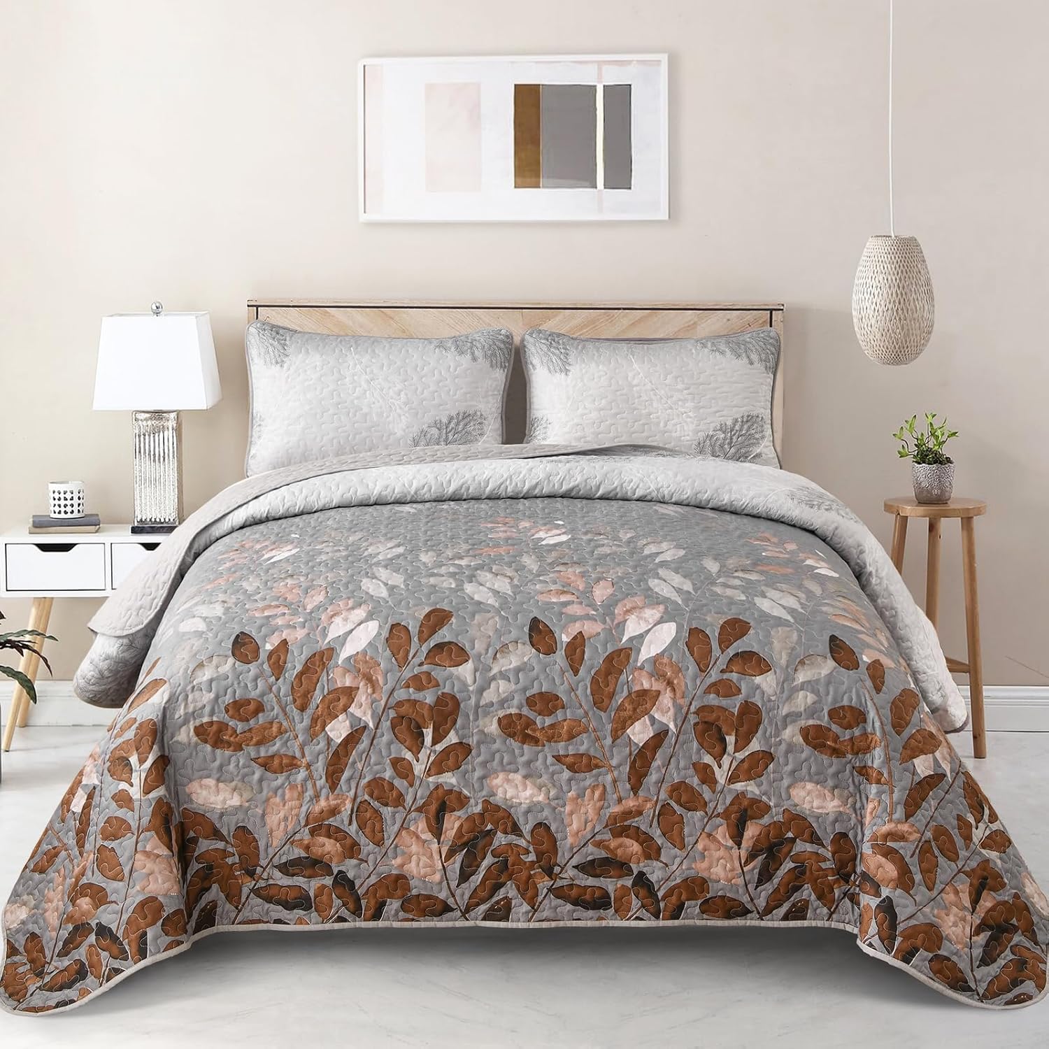 Gleaming rust grey Floral 3 Pc Bedspread & Pillow Cover Set V745-AC090454Q13U