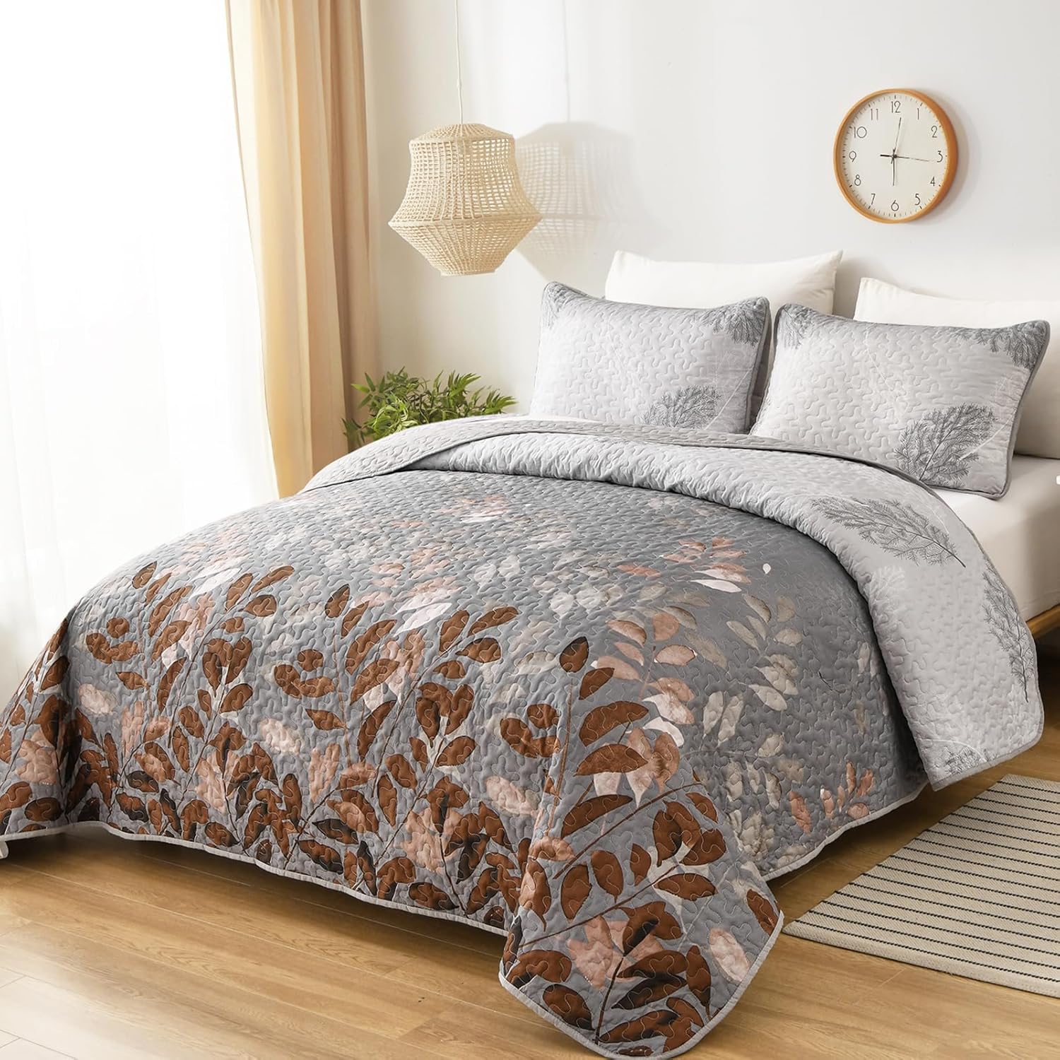 Gleaming rust grey Floral 3 Pc Bedspread & Pillow Cover Set V745-AC090454Q13U