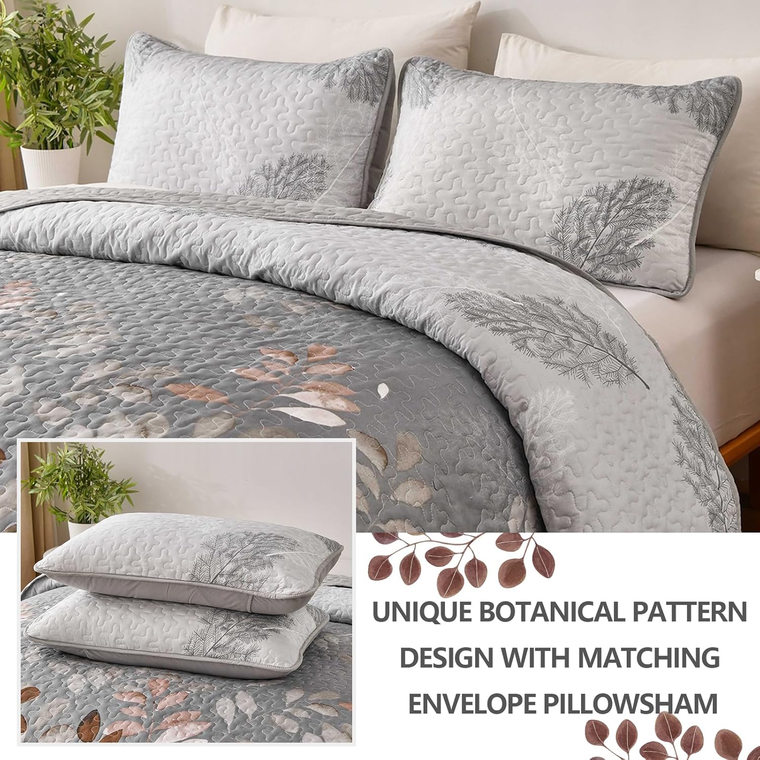 Gleaming rust grey Floral 3 Pc Bedspread & Pillow Cover Set V745-AC090454Q13U