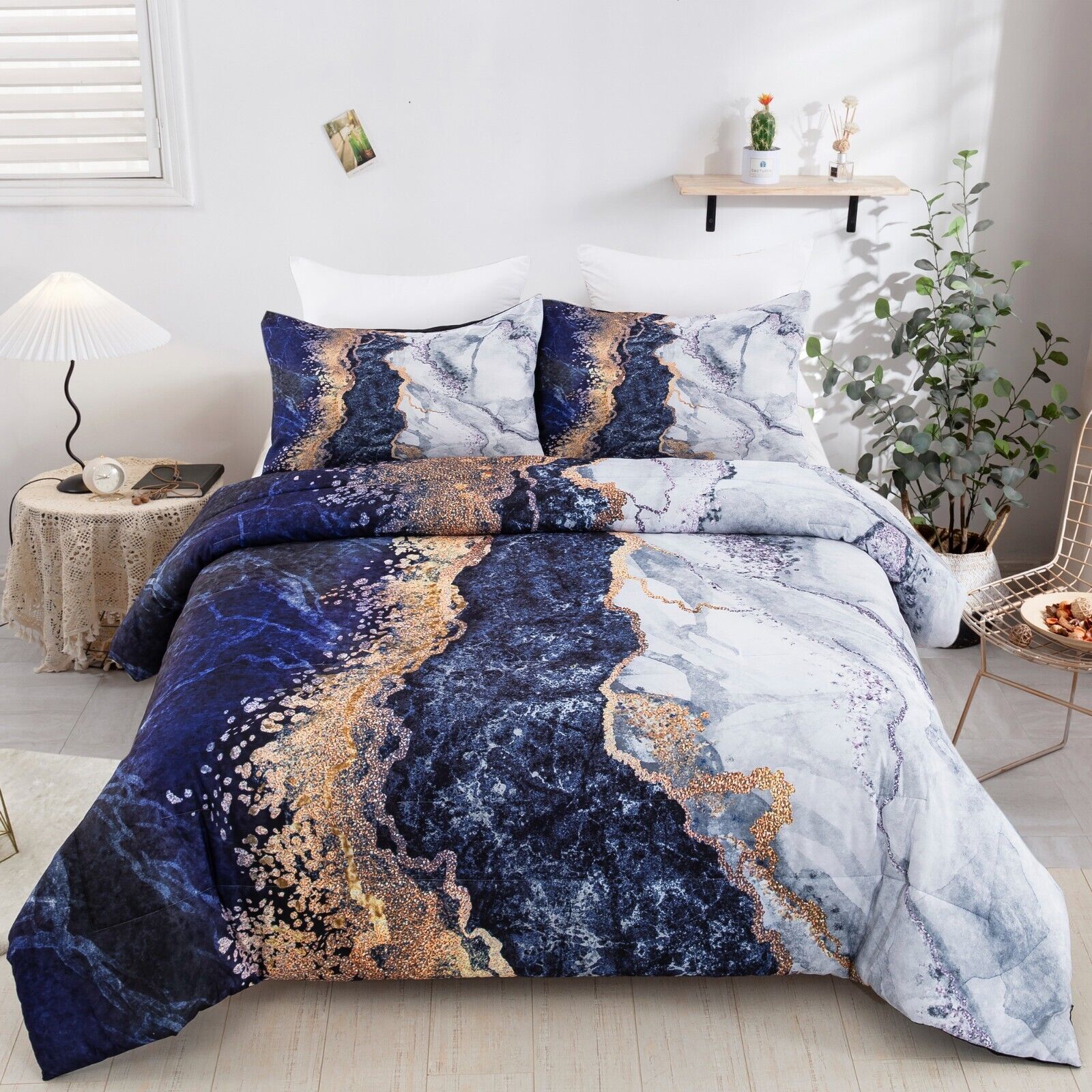 Blue Marble Comforter Set, King Size, Retro Watercolor 3-Piece Bedding Ensemble V745-MAB010362AJ3
