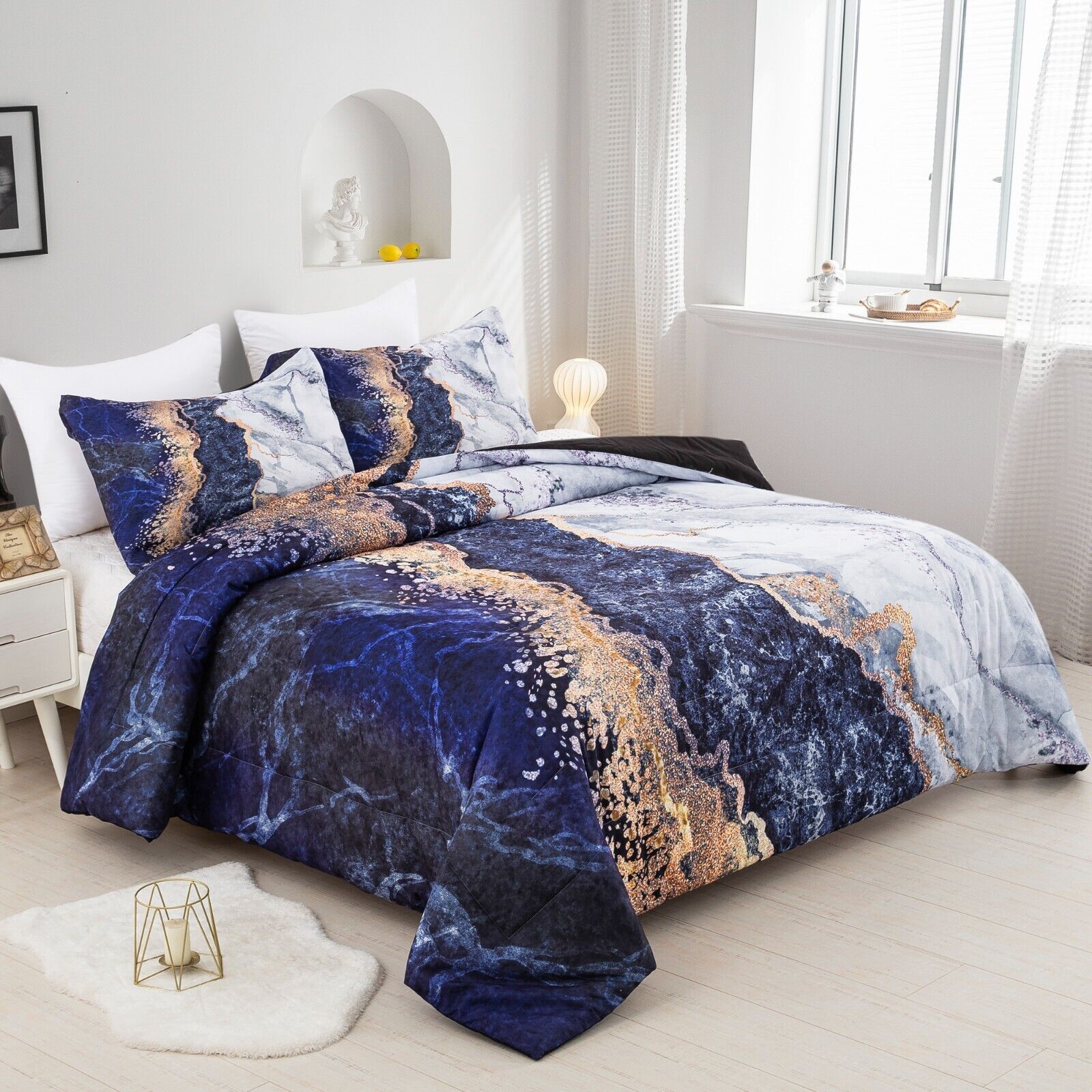 Blue Marble Comforter Set, King Size, Retro Watercolor 3-Piece Bedding Ensemble V745-MAB010362AJ3