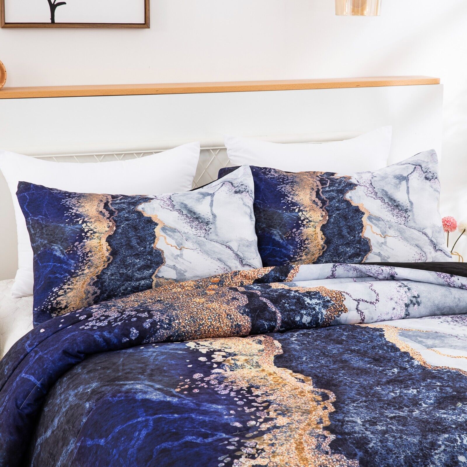 Blue Marble Comforter Set, King Size, Retro Watercolor 3-Piece Bedding Ensemble V745-MAB010362AJ3