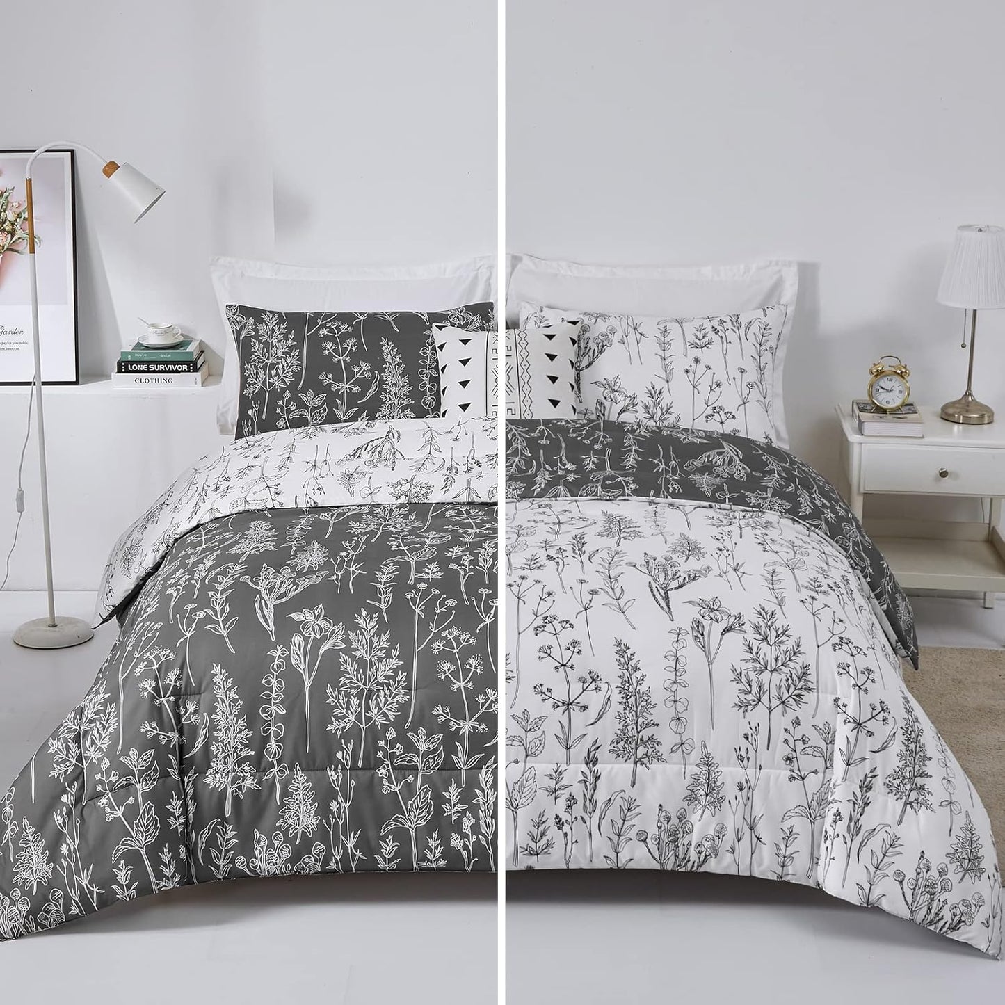 Floral Comforter Set, King Size, Black White Floral Pattern Reversible Bedding V745-MAB010384AJ3