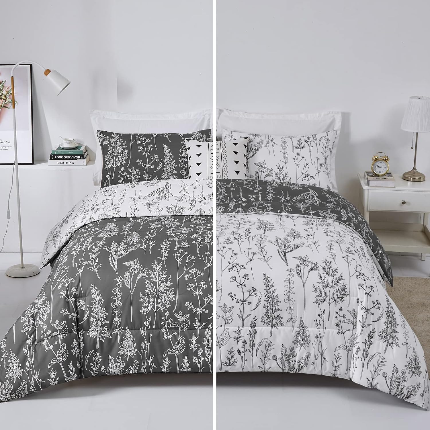 Floral Comforter Set, King Size, Black White Floral Pattern Reversible Bedding V745-MAB010384AJ3
