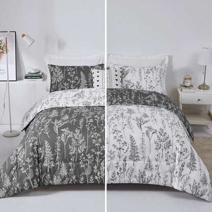 Floral Comforter Set, King Size, Black White Floral Pattern Reversible Bedding V745-MAB010384AJ3