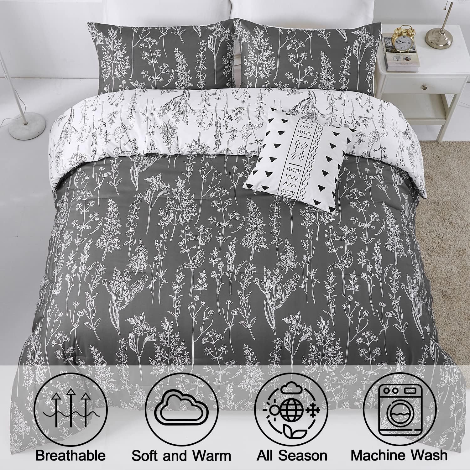 Floral Comforter Set, King Size, Black White Floral Pattern Reversible Bedding V745-MAB010384AJ3