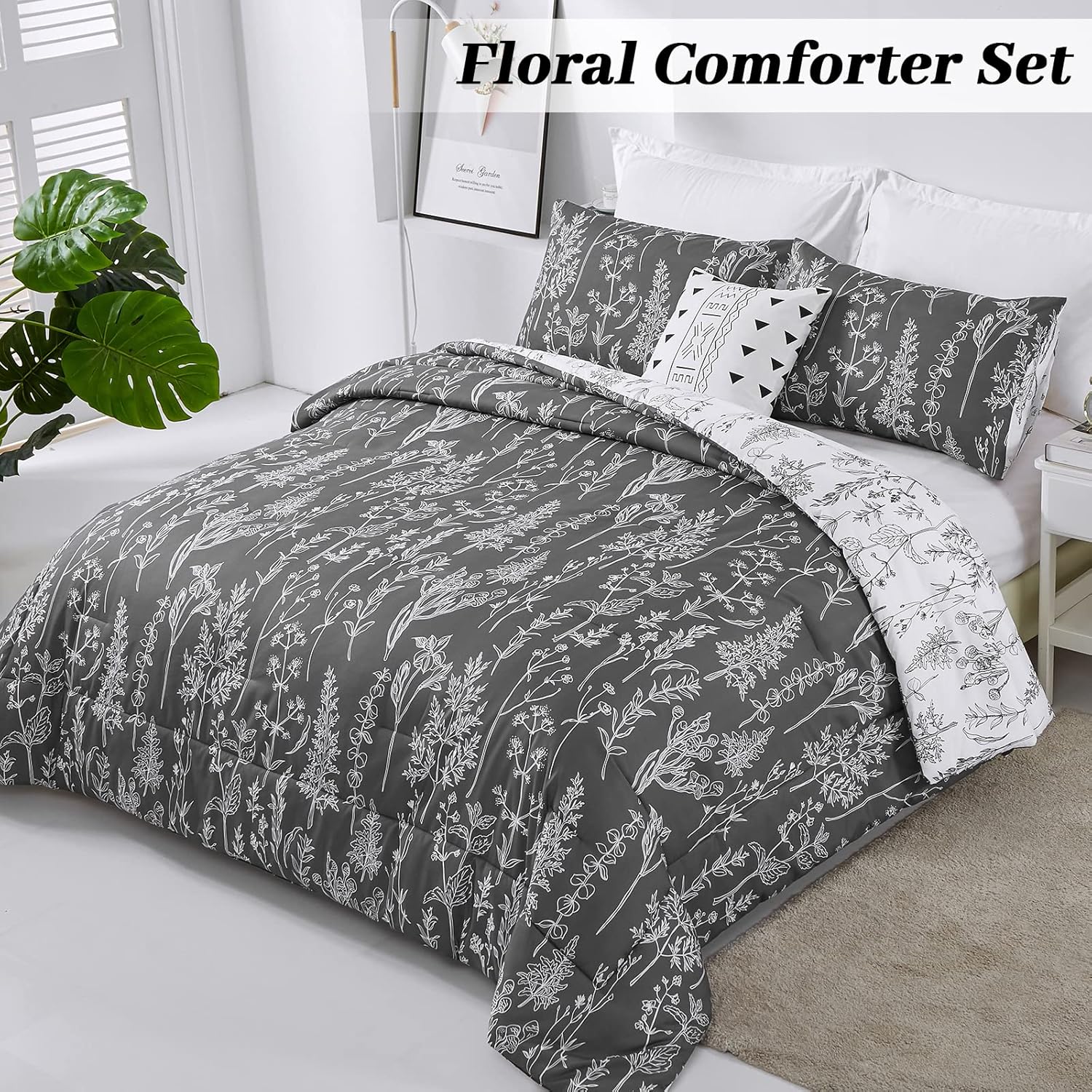 Floral Comforter Set, King Size, Black White Floral Pattern Reversible Bedding V745-MAB010384AJ3