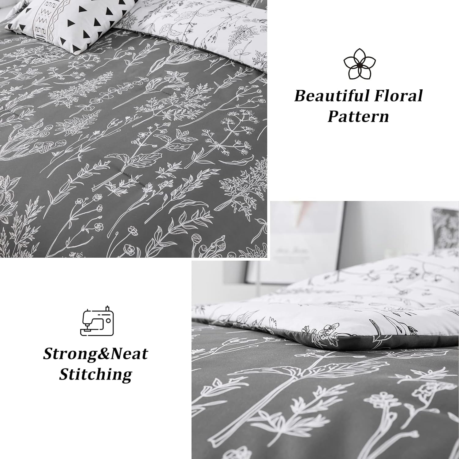 Floral Comforter Set, King Size, Black White Floral Pattern Reversible Bedding V745-MAB010384AJ3