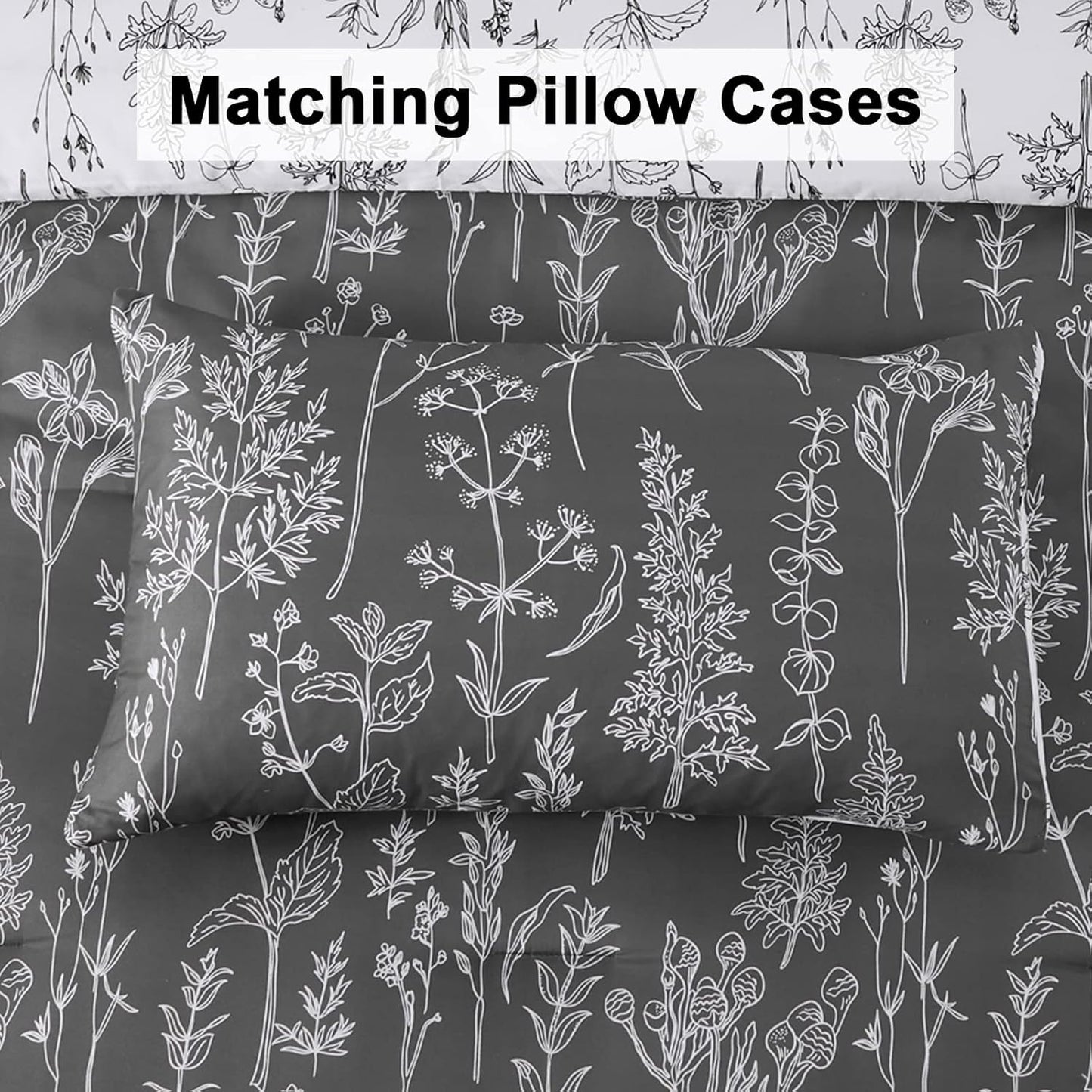 Floral Comforter Set, King Size, Black White Floral Pattern Reversible Bedding V745-MAB010384AJ3