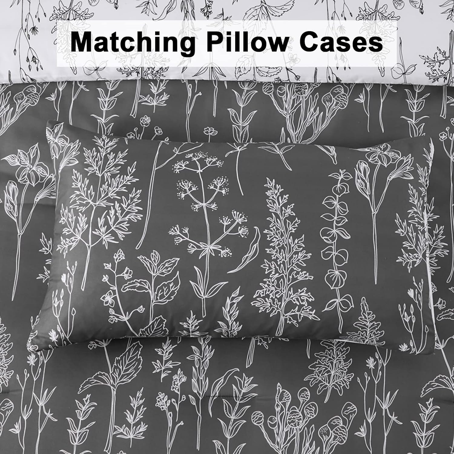Floral Comforter Set, King Size, Black White Floral Pattern Reversible Bedding V745-MAB010384AJ3