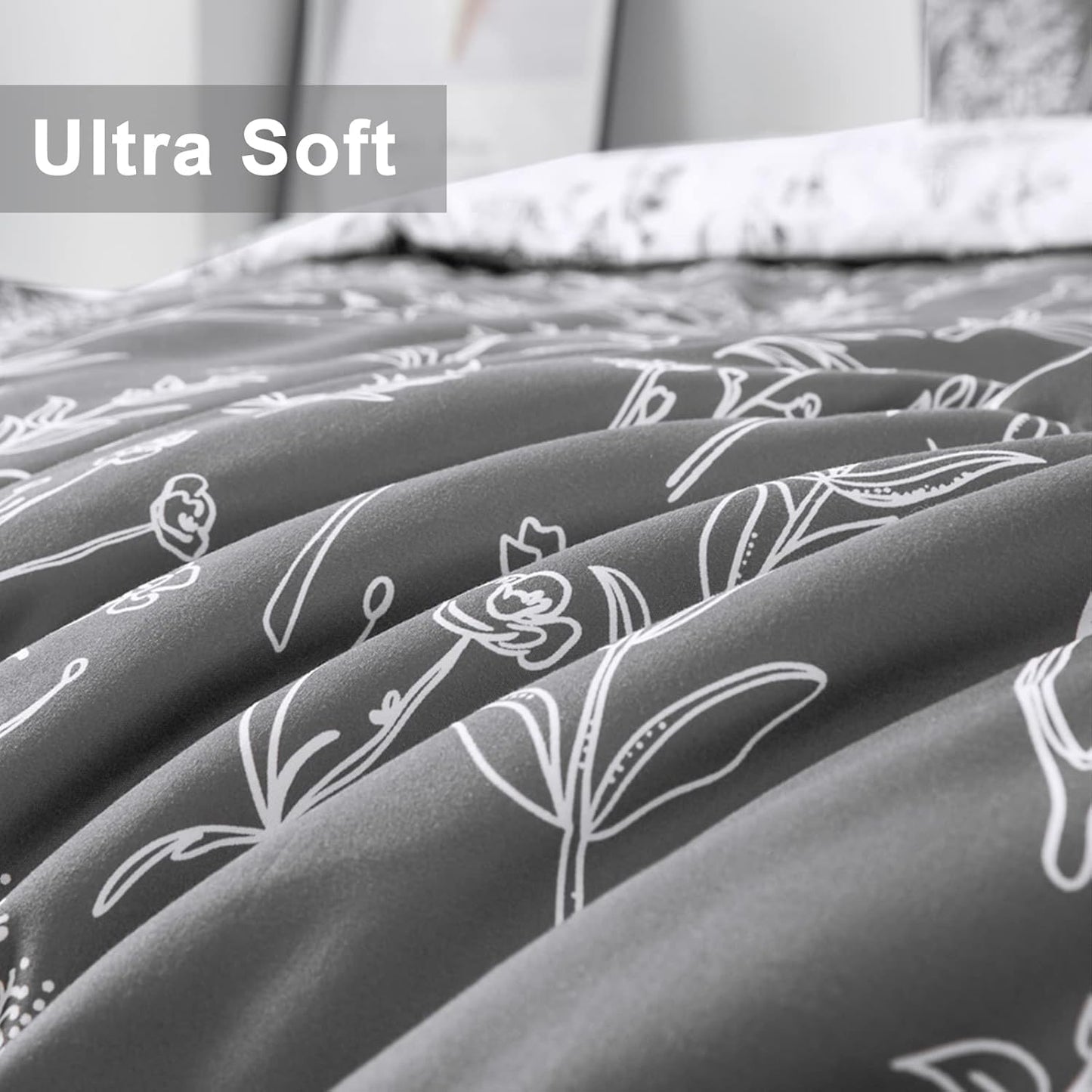 Floral Comforter Set, King Size, Black White Floral Pattern Reversible Bedding V745-MAB010384AJ3