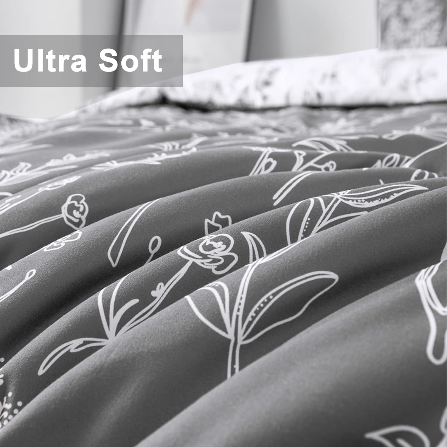 Floral Comforter Set, King Size, Black White Floral Pattern Reversible Bedding V745-MAB010384AJ3