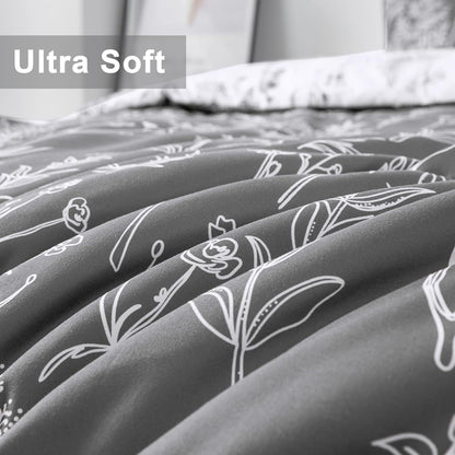 Floral Comforter Set, King Size, Black White Floral Pattern Reversible Bedding V745-MAB010384AJ3
