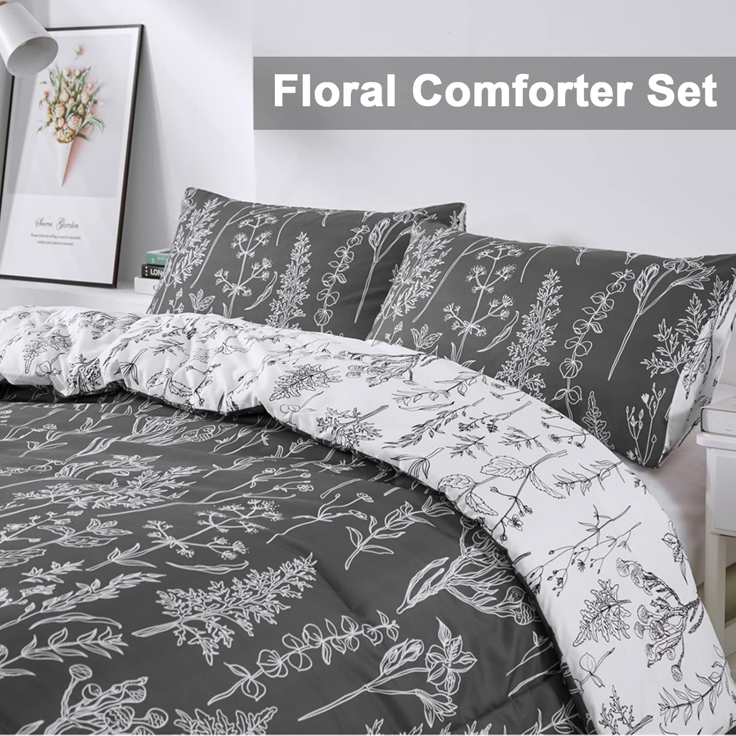 Floral Comforter Set, King Size, Black White Floral Pattern Reversible Bedding V745-MAB010384AJ3
