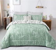 Floral Comforter Set, King Size, Green White Floral Pattern Reversible Bedding V745-MAB010385AJ3