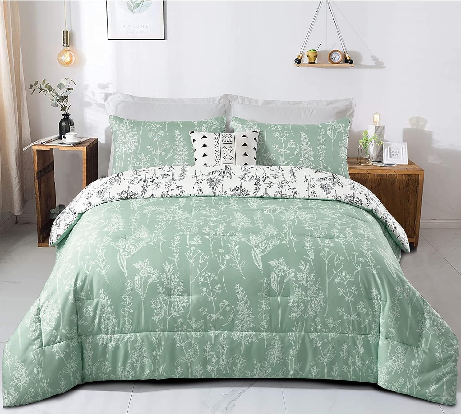 Floral Comforter Set, King Size, Green White Floral Pattern Reversible Bedding V745-MAB010385AJ3
