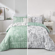 Floral Comforter Set, King Size, Green White Floral Pattern Reversible Bedding V745-MAB010385AJ3