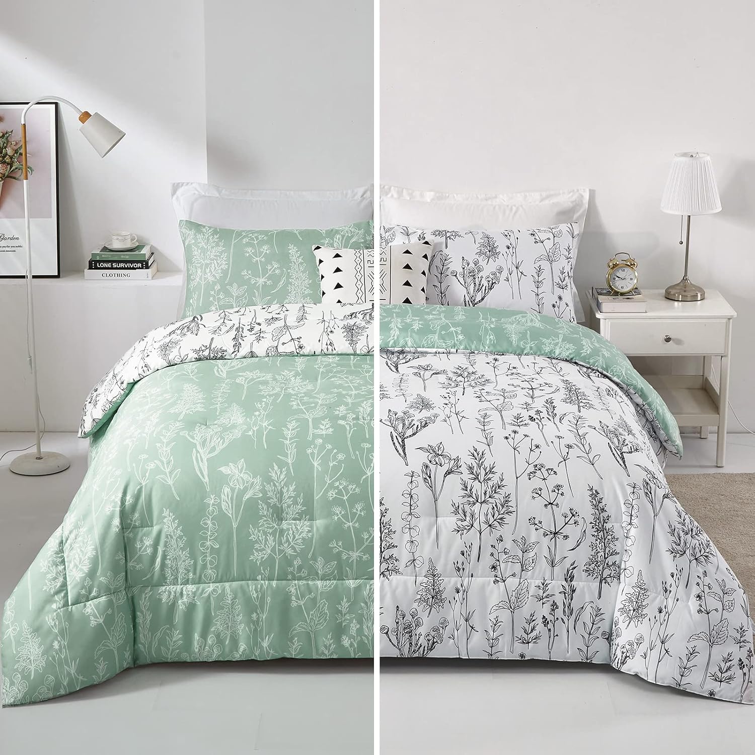 Floral Comforter Set, King Size, Green White Floral Pattern Reversible Bedding V745-MAB010385AJ3