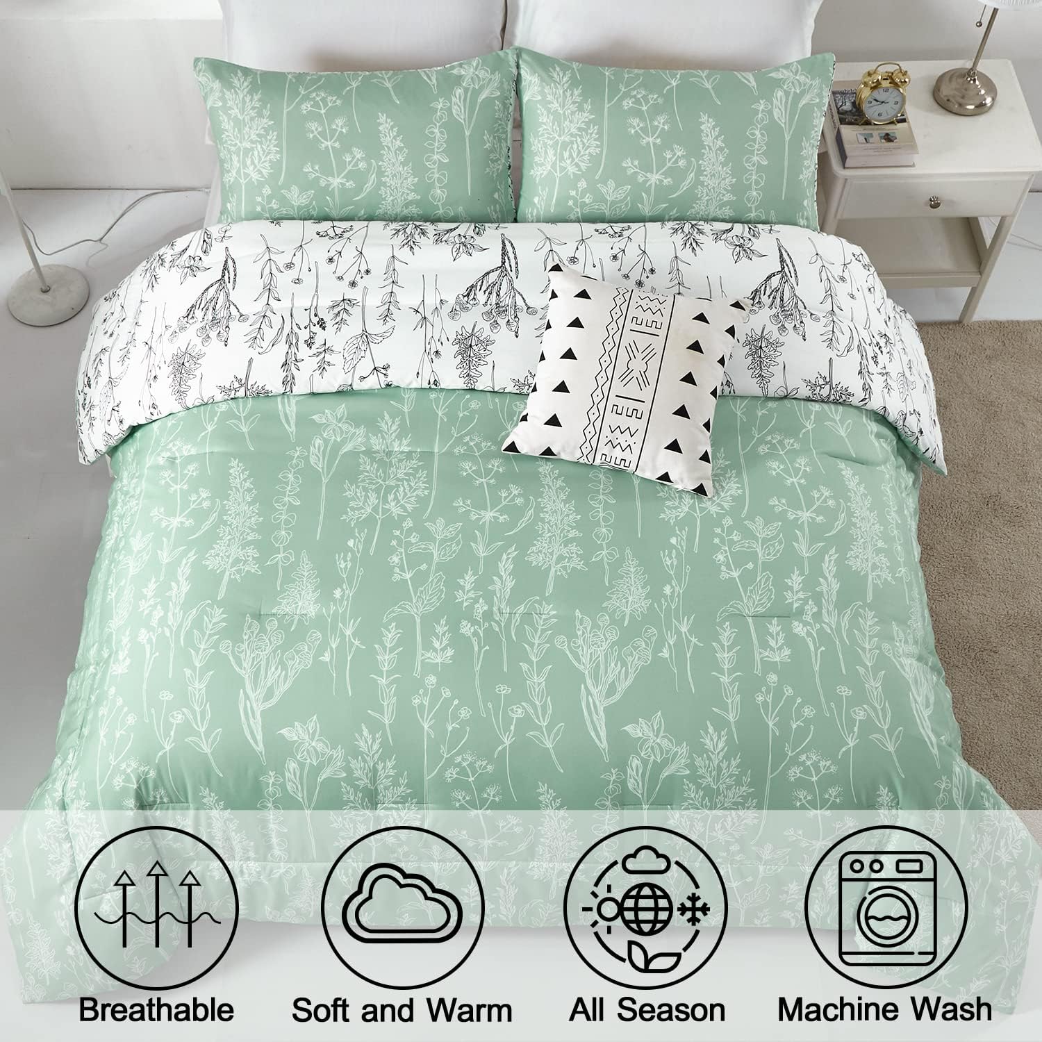 Floral Comforter Set, King Size, Green White Floral Pattern Reversible Bedding V745-MAB010385AJ3