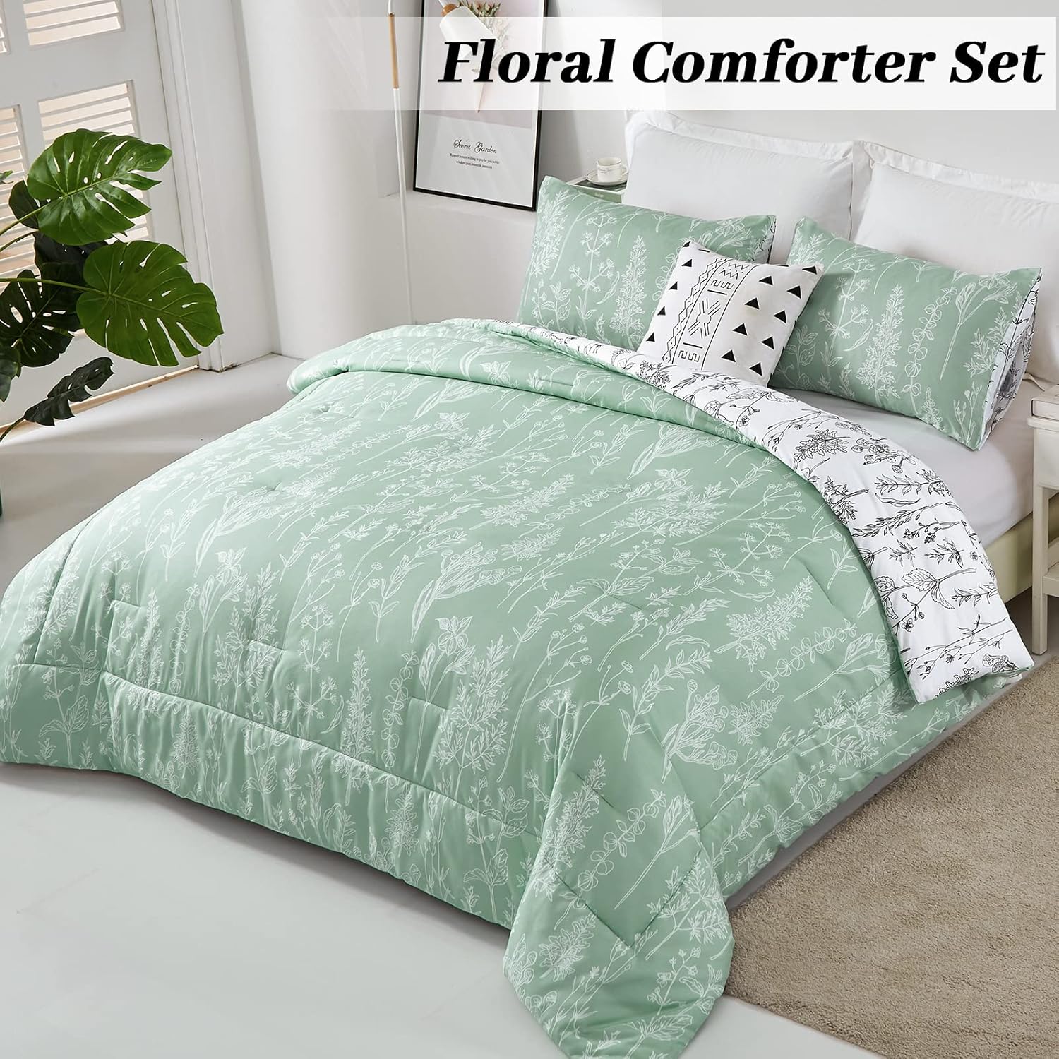 Floral Comforter Set, King Size, Green White Floral Pattern Reversible Bedding V745-MAB010385AJ3