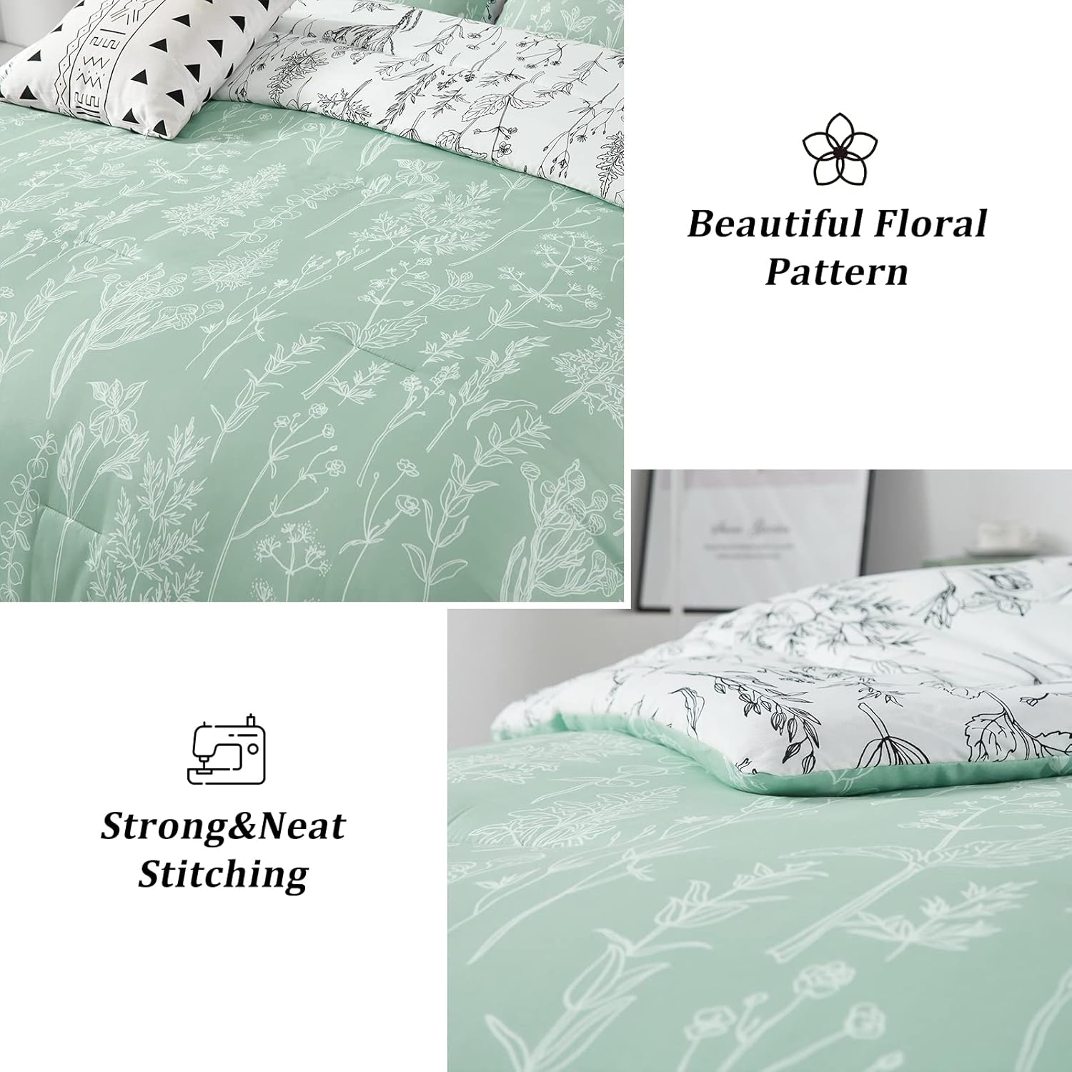 Floral Comforter Set, King Size, Green White Floral Pattern Reversible Bedding V745-MAB010385AJ3